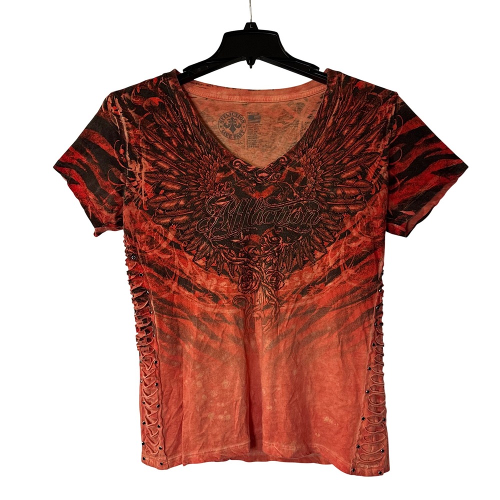 Affliction Wing Rose Graphic Rhinestone Lace Up Side T-Shirt M Red Y2K Grunge